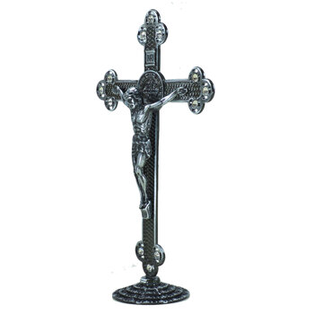 Crucifixo em Metal de mesa com strass 25 cm Prata Envelhecido 