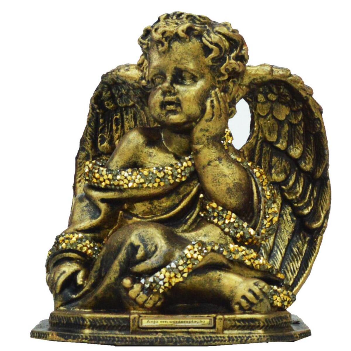 Anjo da Guarda em contemplação Ouro Velho com Strass 18 Cm
