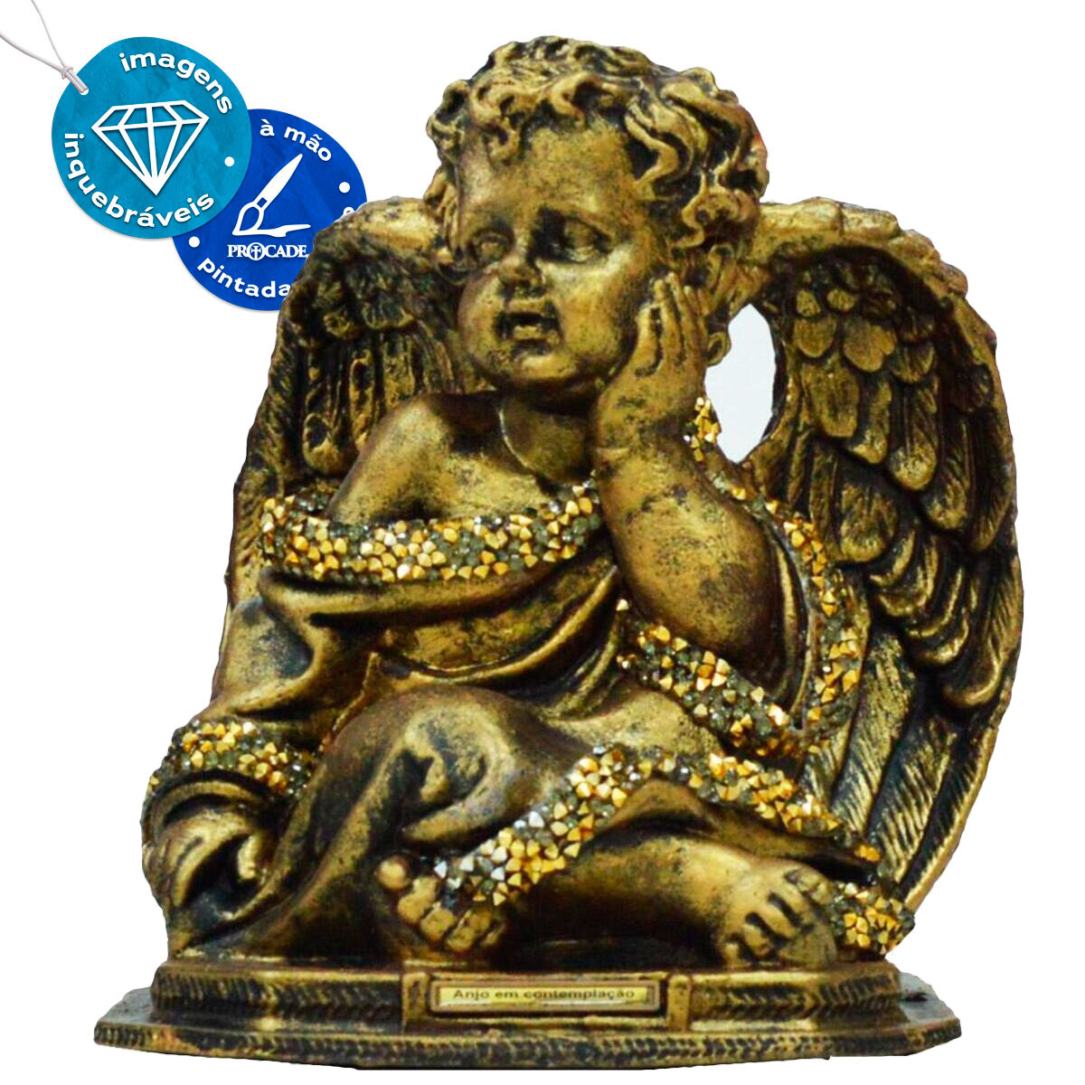 Anjo da Guarda em contemplao Ouro Velho com Strass 18 Cm