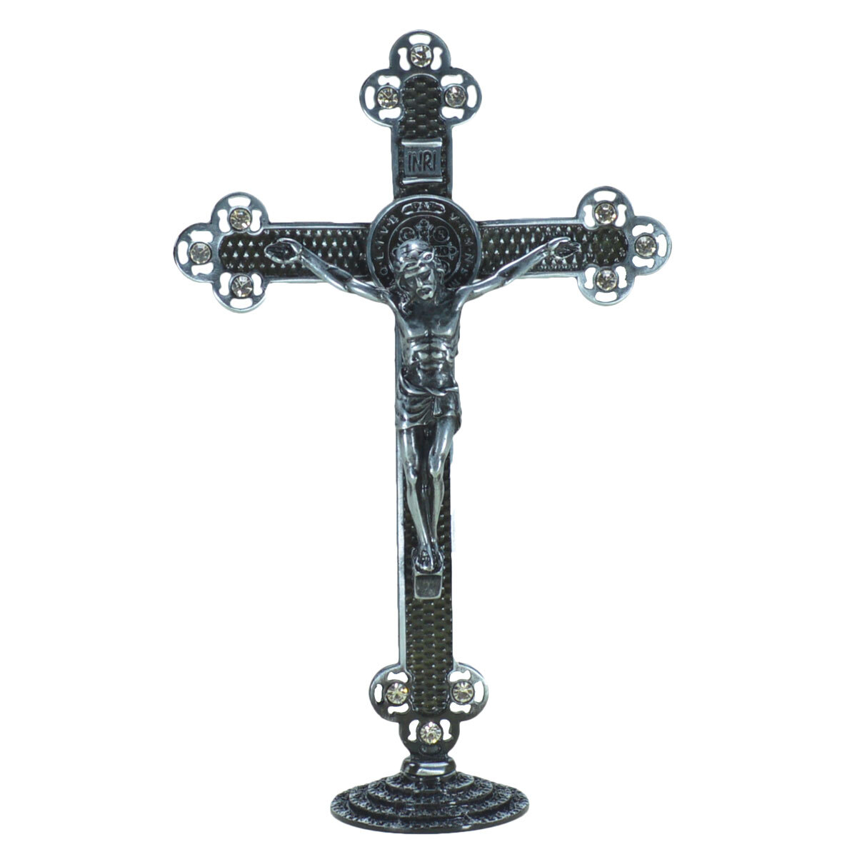 Crucifixo em Metal de mesa com strass 25 cm Prata Envelhecido