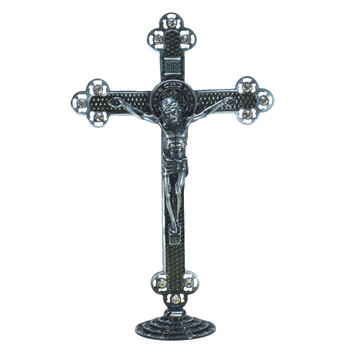 Crucifixo em Metal de mesa com strass 25 cm Prata Envelhecido