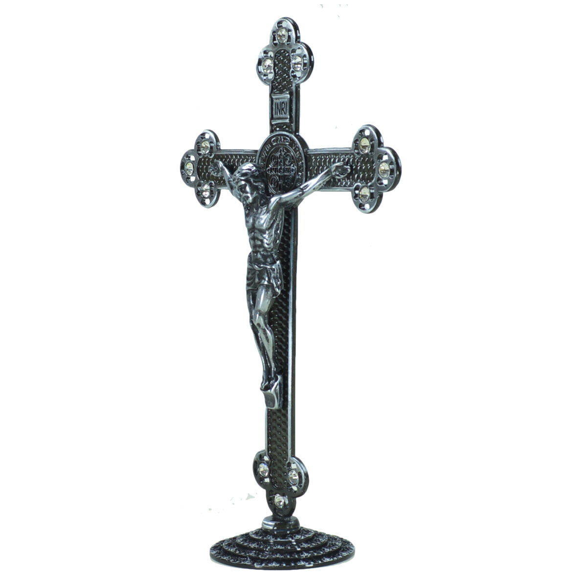 Crucifixo em Metal de mesa com strass 25 cm Prata Envelhecido