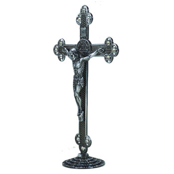 Crucifixo em Metal de mesa com strass 25 cm Prata Envelhecido