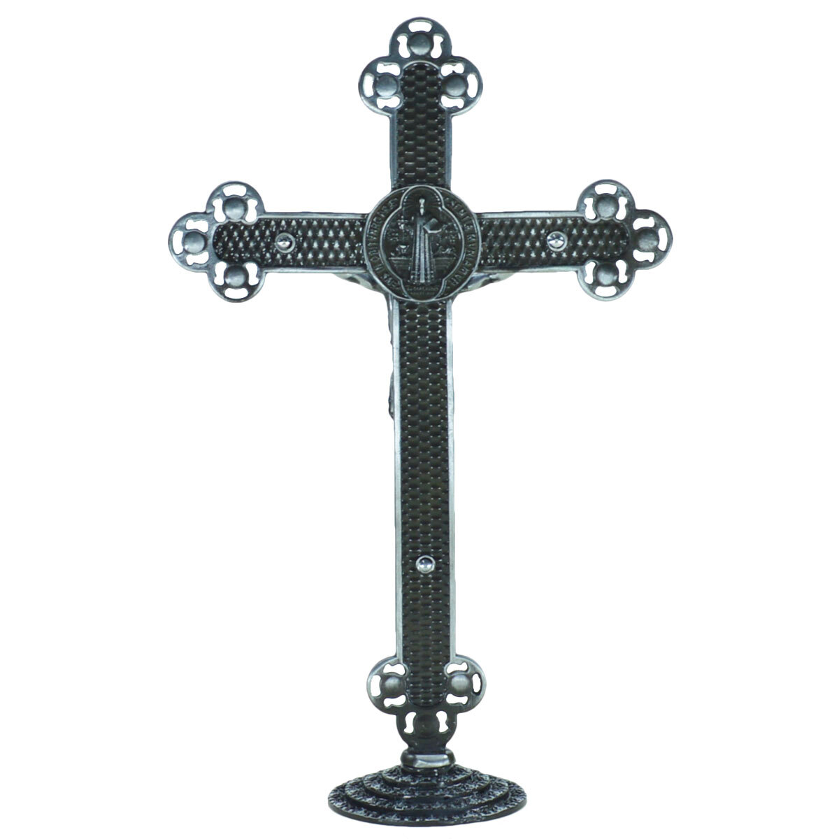 Crucifixo em Metal de mesa com strass 25 cm Prata Envelhecido 