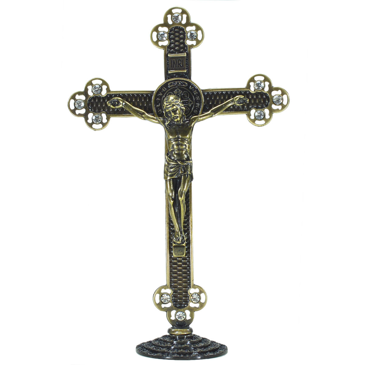 Crucifixo em Metal de Mesa com Strass 25 cm  Ouro Envelhecido