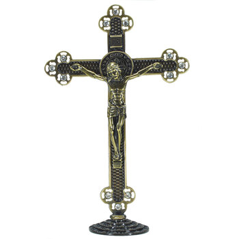 Crucifixo em Metal de Mesa com Strass 25 cm  Ouro Envelhecido 