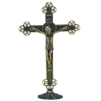 Crucifixo em Metal de Mesa com Strass 25 cm  Ouro Envelhecido