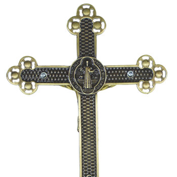 Crucifixo em Metal de Mesa com Strass 25 cm  Ouro Envelhecido