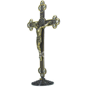 Crucifixo em Metal de Mesa com Strass 25 cm  Ouro Envelhecido