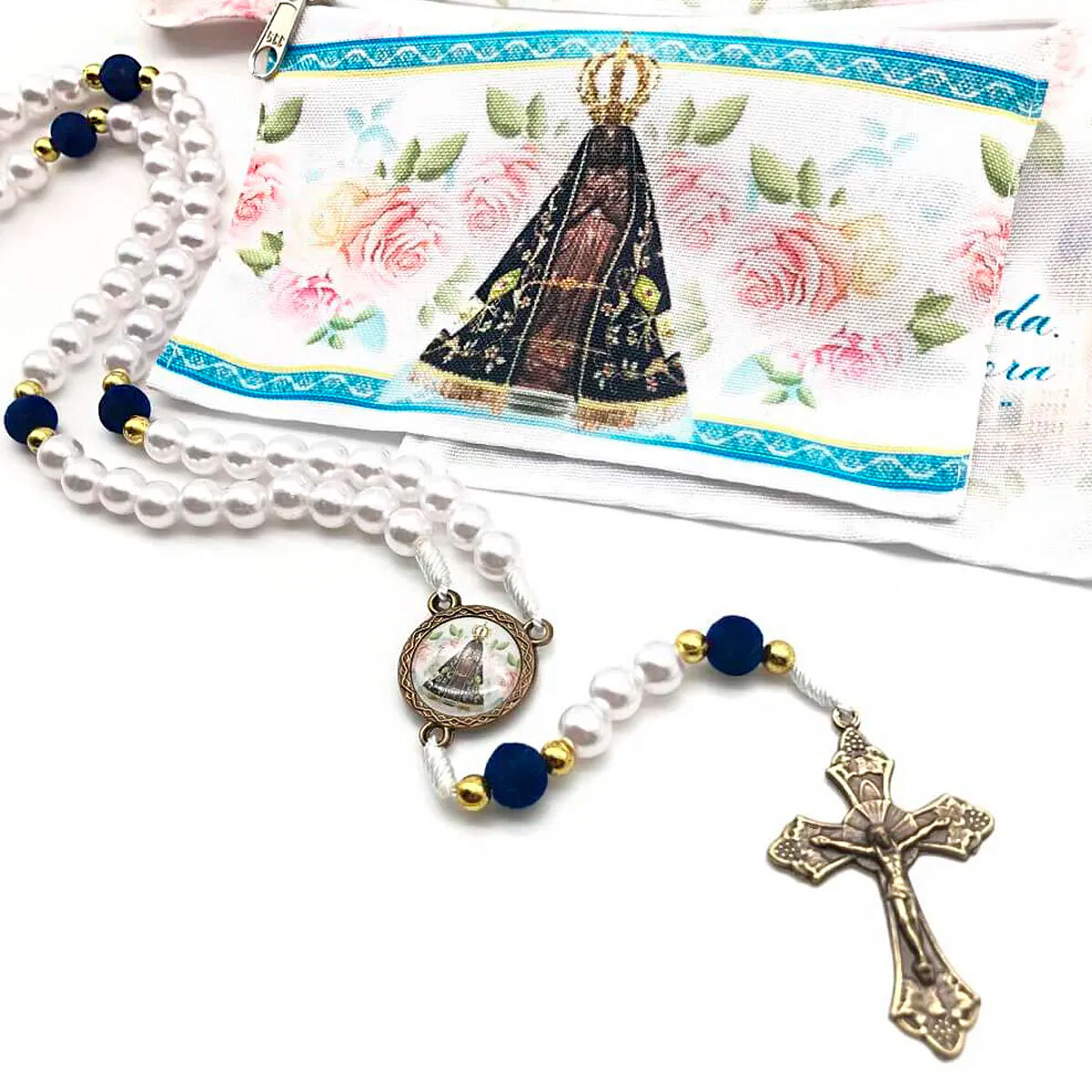 Tero Nossa Senhora Aparecida Floral Na Bolsinha Com Ziper