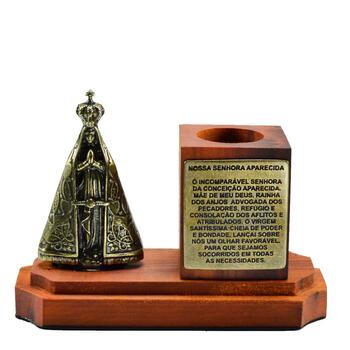 Porta Canetas Nossa Senhora Aparecida de Metal e Madeira Rstica 14 x10 cm