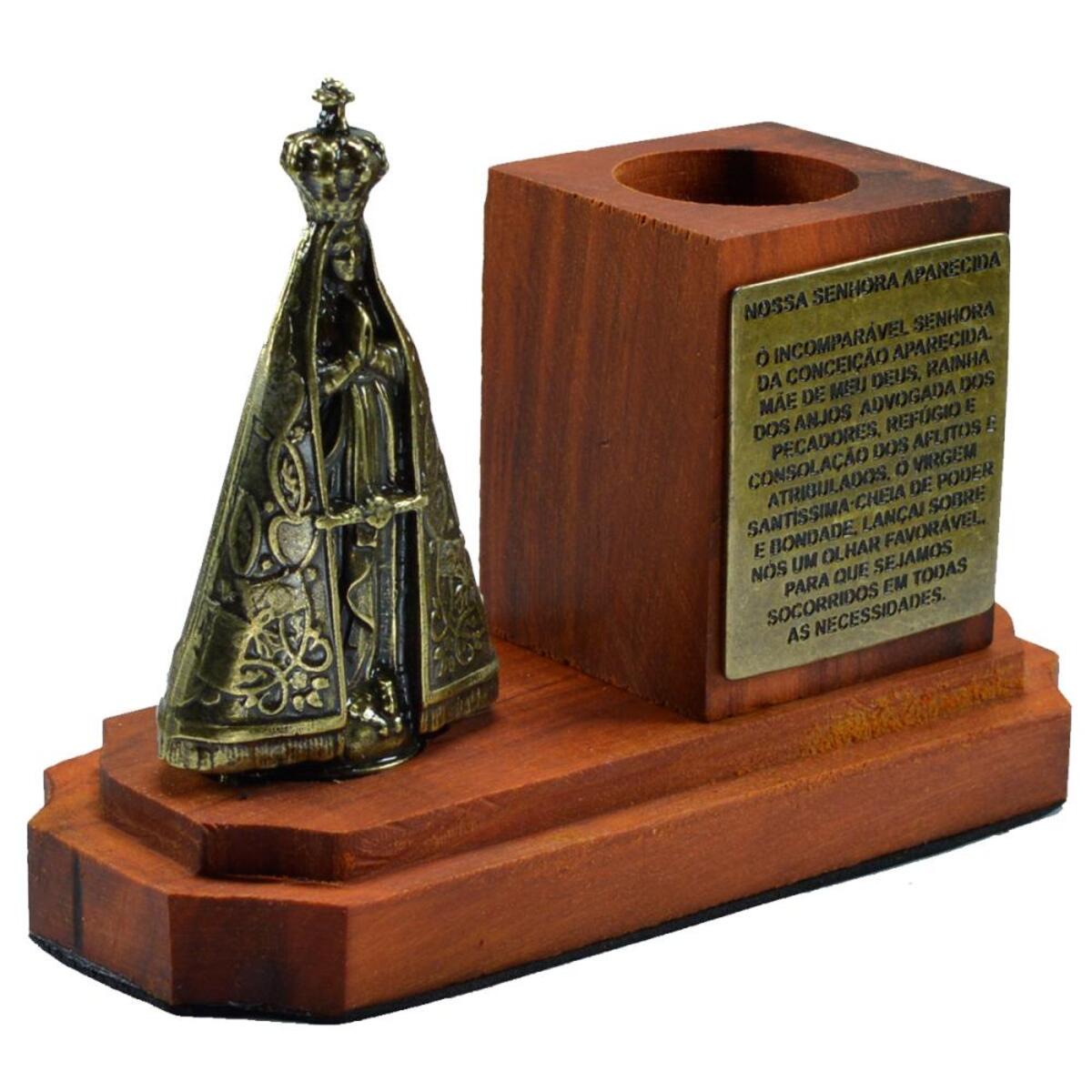 Porta Canetas Nossa Senhora Aparecida de Metal e Madeira Rstica 14 x10 cm