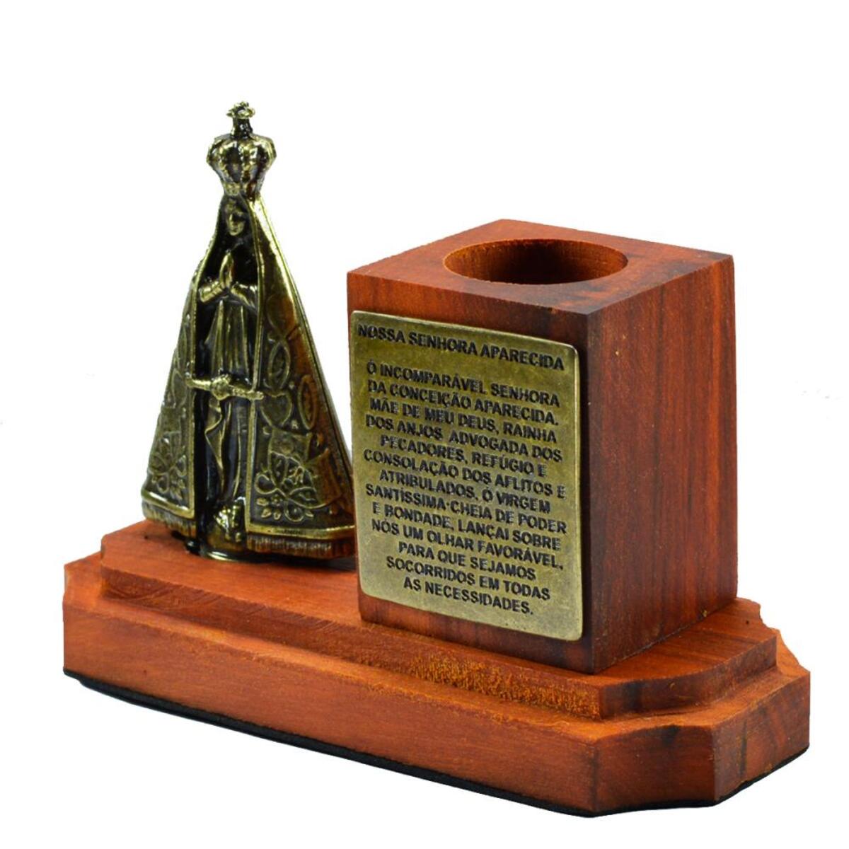 Porta Canetas Nossa Senhora Aparecida de Metal e Madeira Rstica 14 x10 cm