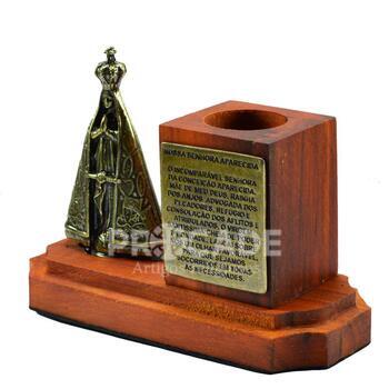 Porta Canetas Nossa Senhora Aparecida de Metal e Madeira R�stica 14 x10 cm