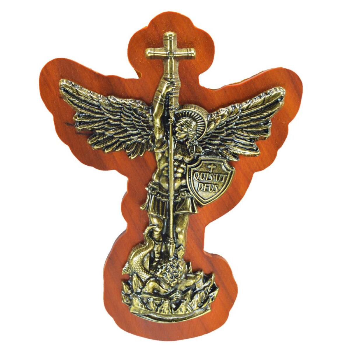 Adorno de Porta So Miguel em Metal aplicado em Madeira Rstica 19 cm