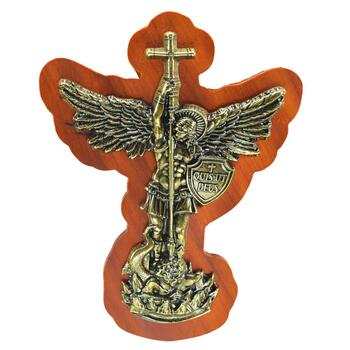 Adorno de Porta So Miguel em Metal aplicado em Madeira Rstica 19 cm