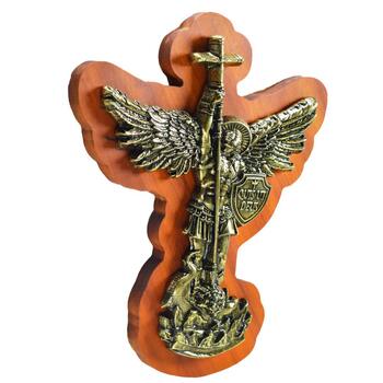 Adorno de Porta So Miguel em Metal aplicado em Madeira Rstica 19 cm