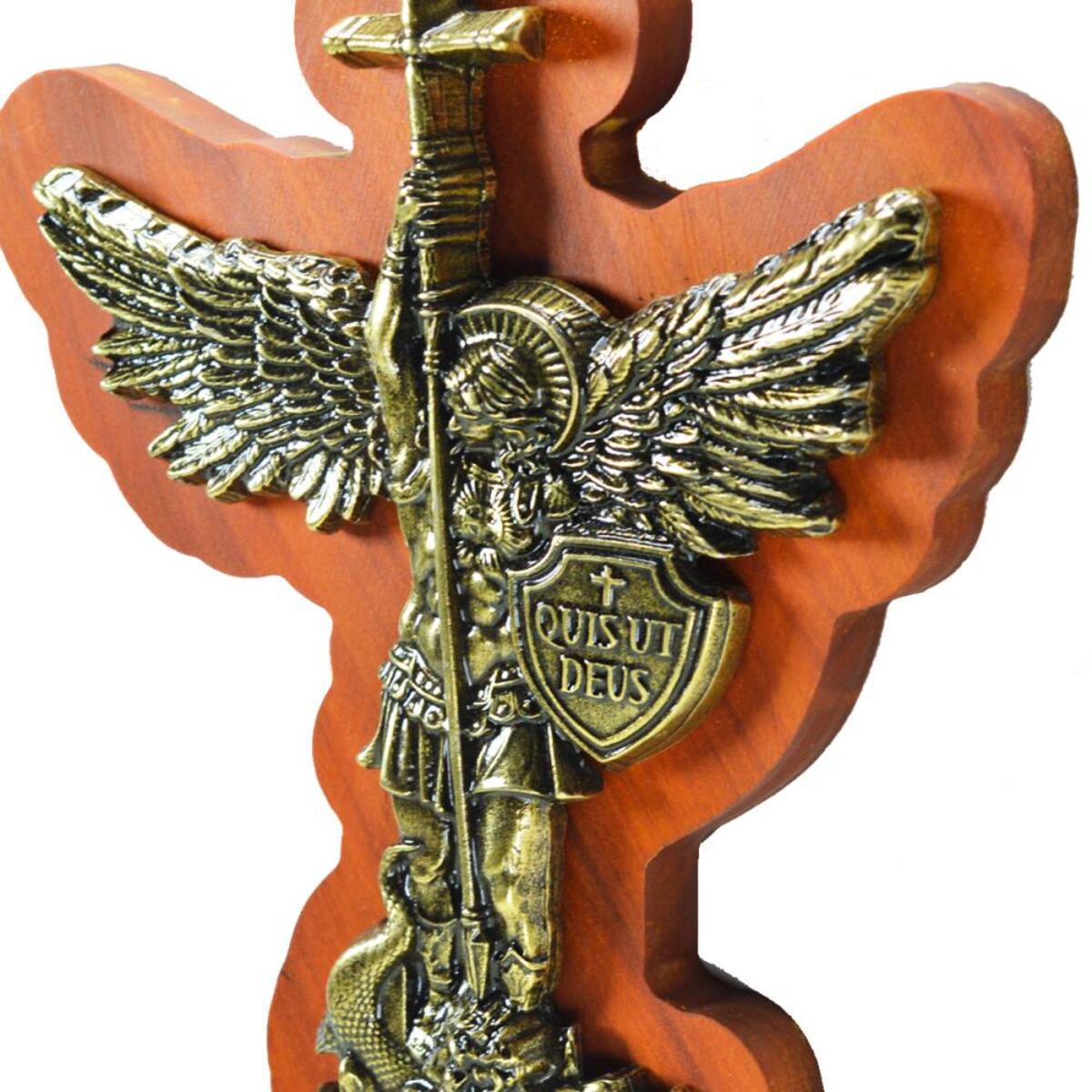 Adorno de Porta So Miguel em Metal aplicado em Madeira Rstica 19 cm