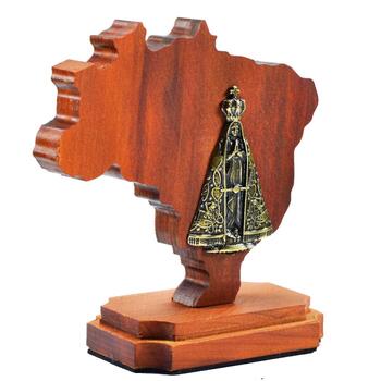 Mapa do Brasil de Mesa em madeira de demolio dom imagem de Aparecida em Metal (11 cm)