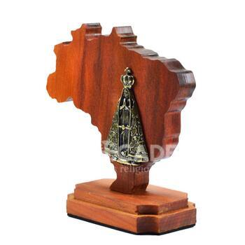 Mapa do Brasil de Mesa em madeira de demoli��o dom imagem de Aparecida em Metal (11 cm)