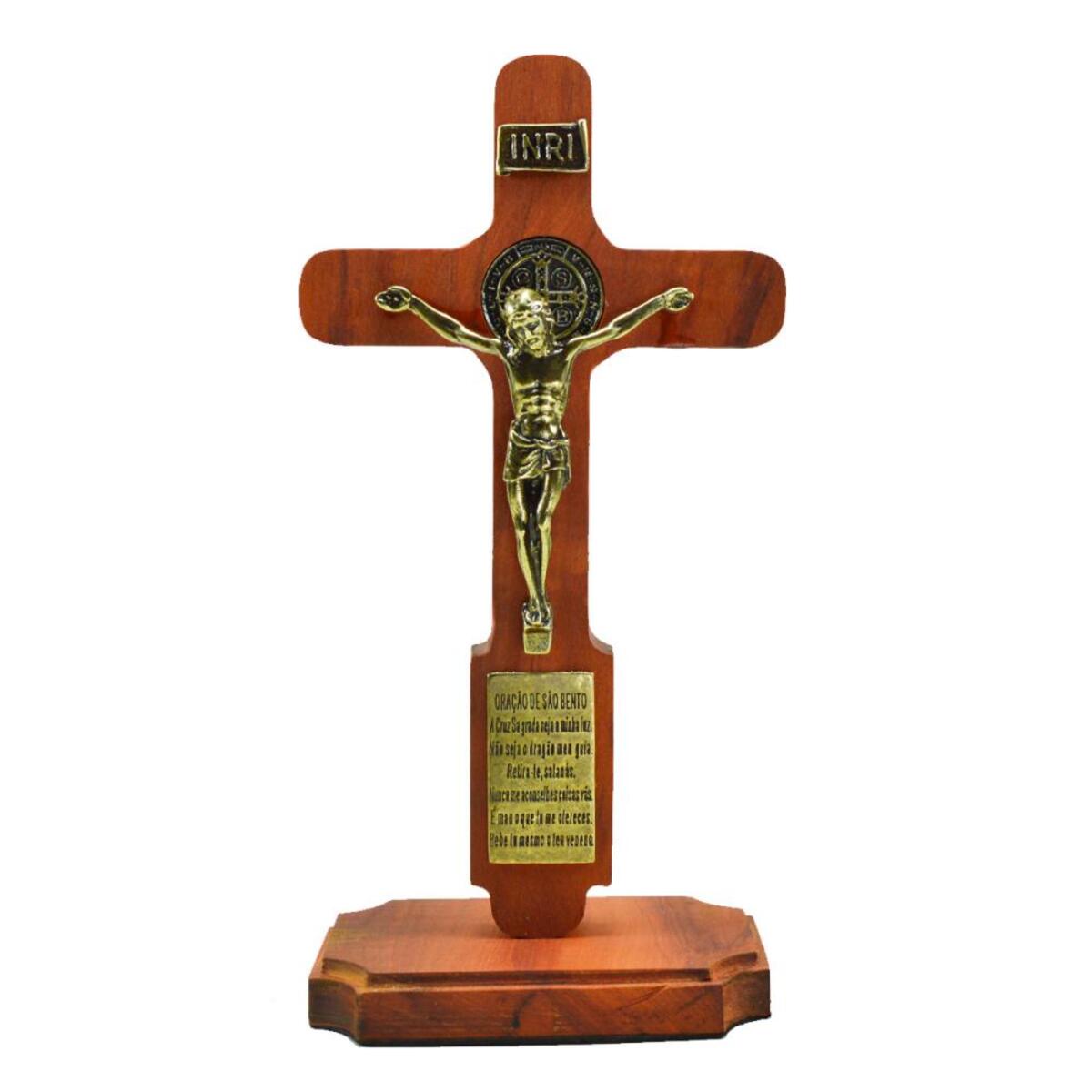 Crucifixo de Mesa Ou Parede em Madeira de Demolio com Metal - 13 cm