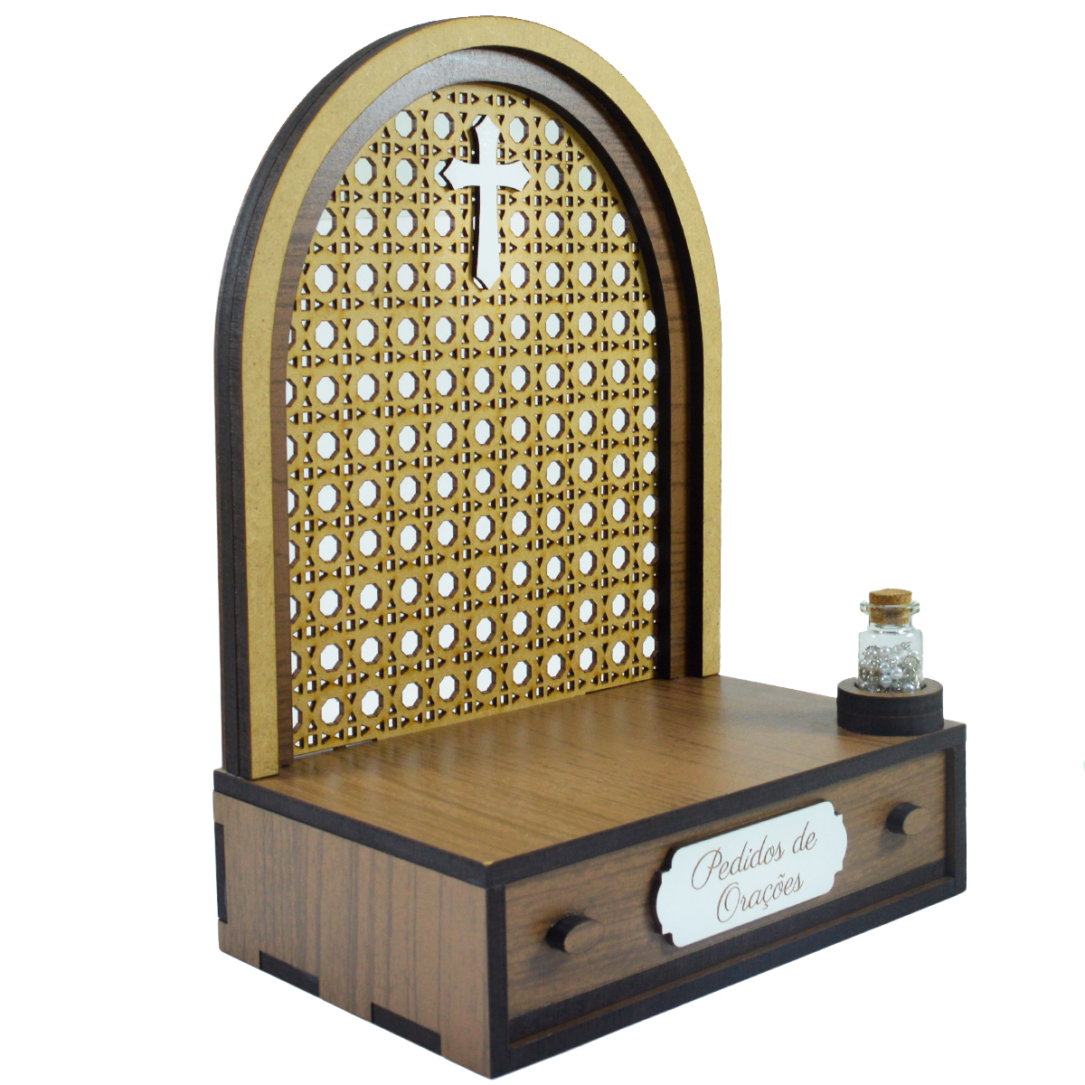 Altar com gaveta de pedidos de Orao, ideal para imagens de at 24 cm + Tero Grtis na garrafinha.
