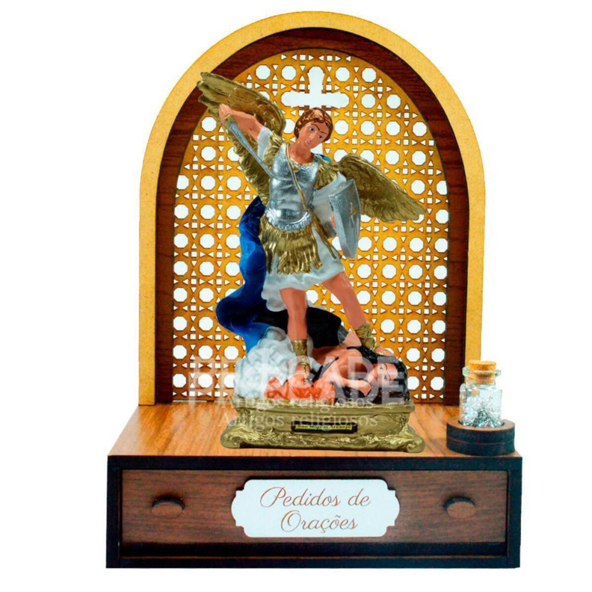 Altar com gaveta de pedidos de Ora��o S�o Miguel detalhe azul 20cm + Ter�o Gr�tis na garrafinha