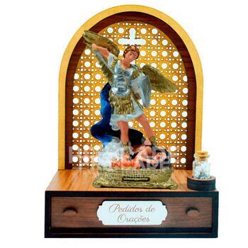 Altar com gaveta de pedidos de Ora��o S�o Miguel detalhe azul 20cm + Ter�o Gr�tis na garrafinha