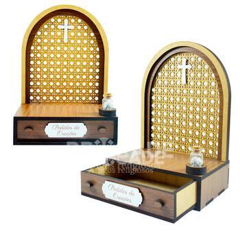 Altar com gaveta de pedidos de Ora��o S�o Miguel detalhe azul 20cm + Ter�o Gr�tis na garrafinha