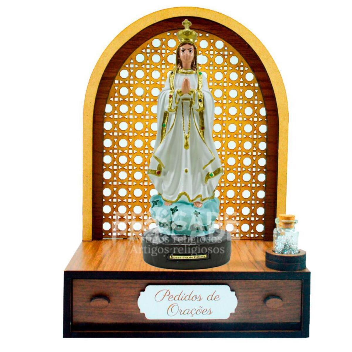 Altar com gaveta de pedidos de Ora��o Nossa Senhora de F�tima 23 cm + Ter�o Gr�tis na garrafinha