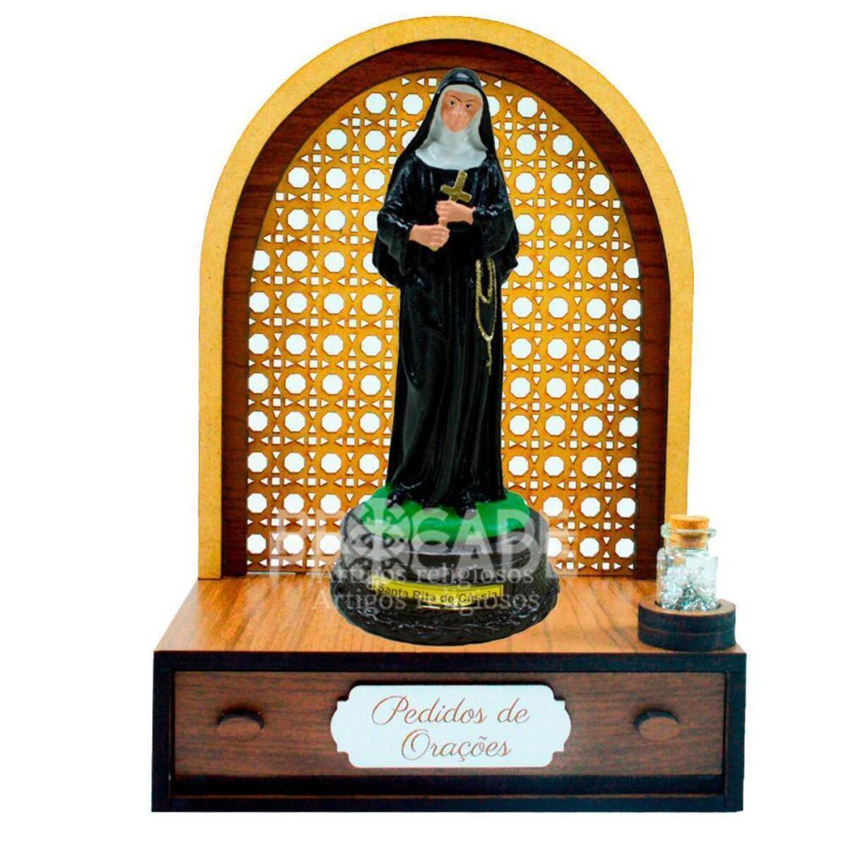 Altar com gaveta de pedidos de Ora��o Santa Rita (21cm) + Ter�o Gr�tis na garrafinha.
